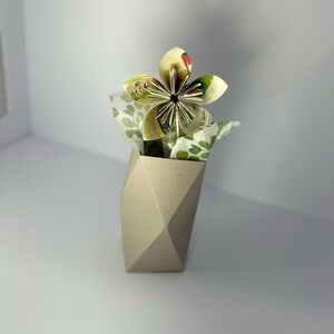 Geometric Tan Vase with Green Floral Arrangement